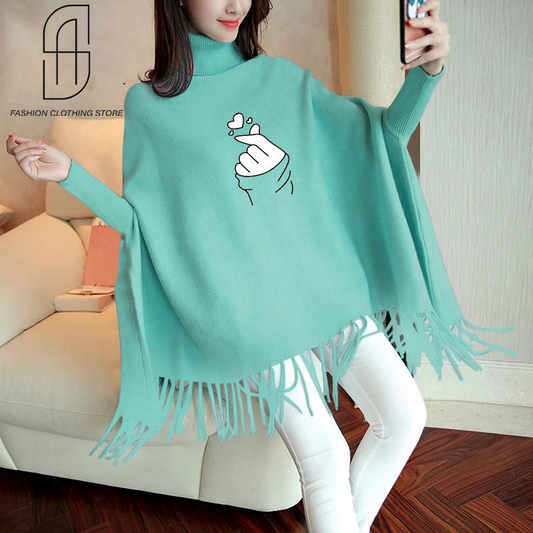 WINTER WOMENS FINGER HEART PRINTED PONCHO SWITER STYLE FOR WOMENS SOFT AND COMFORTABLE